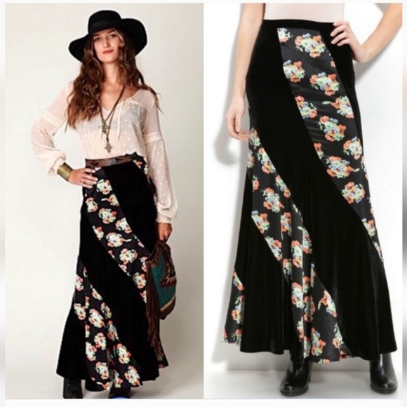 Free people maxi skirt twisted black velvet silk Floral Boho Mermaid style - Picture 2 of 5